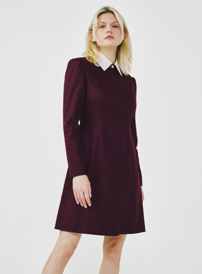 Long Sleeve Wool Shirt Dress - Bordeaux Bordeaux / M Long Sleeve Wool Shirt Dress - Bordeaux Bordeaux / M