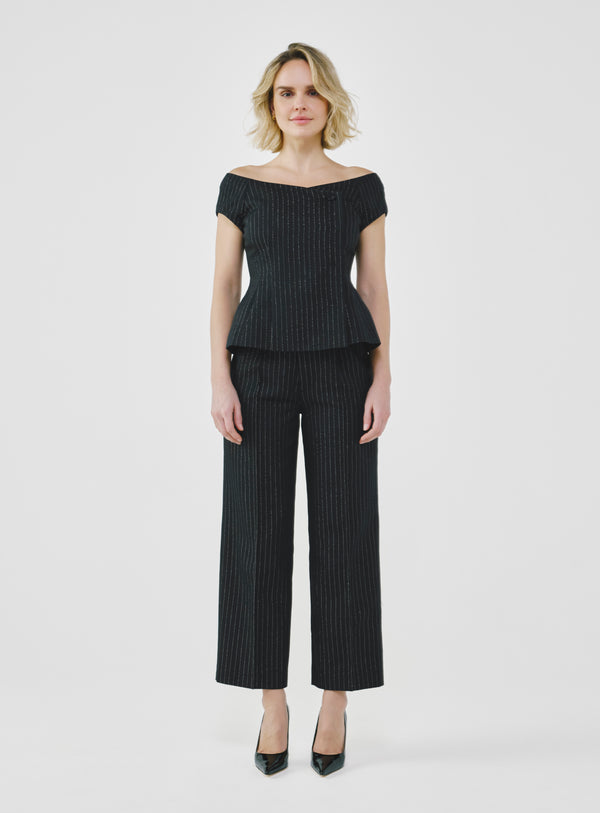 Tailored Pinstripe Bardot Top - Dark Charcoal Grey