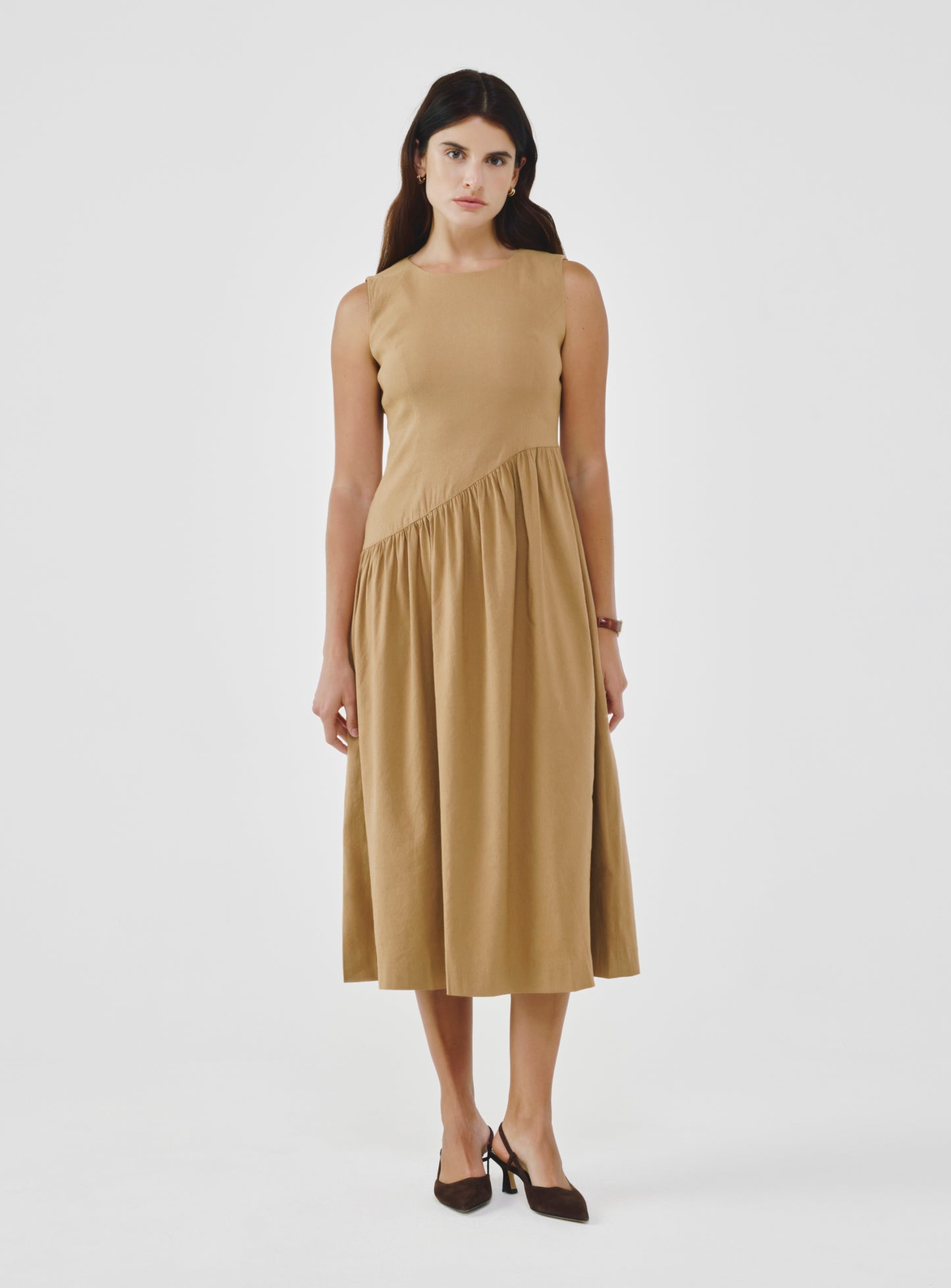 A.SHIMUS Tan Linen Midi Dress - M A.SHIMUS Tan Linen Midi Dress - M