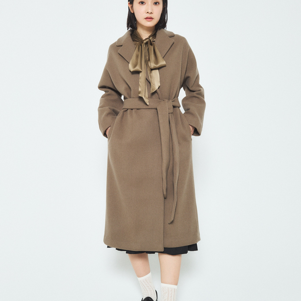 Herringbone Virgin Wool Wrap Coat - Brown
