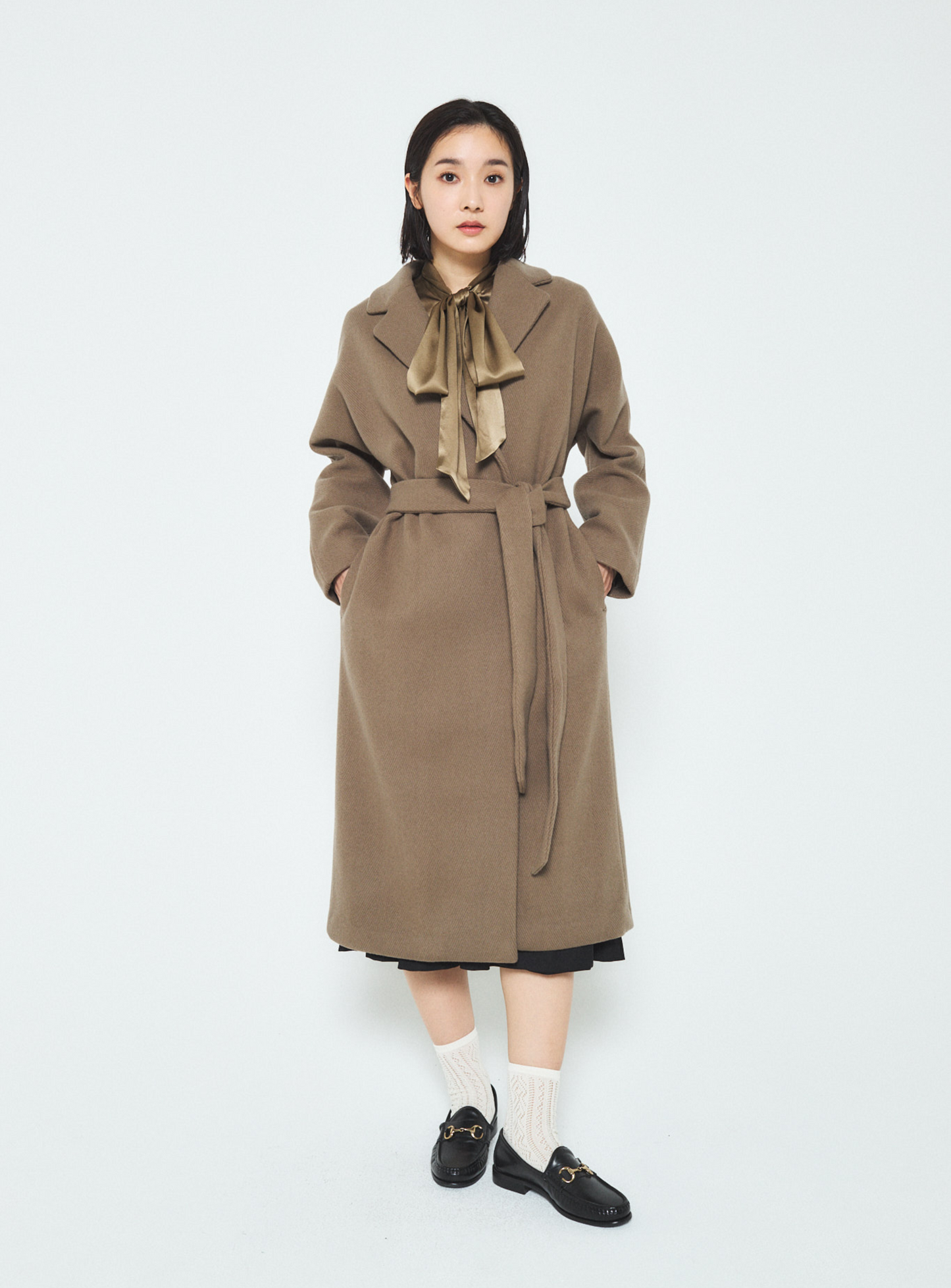 Herringbone Virgin Wool Wrap Coat - Brown