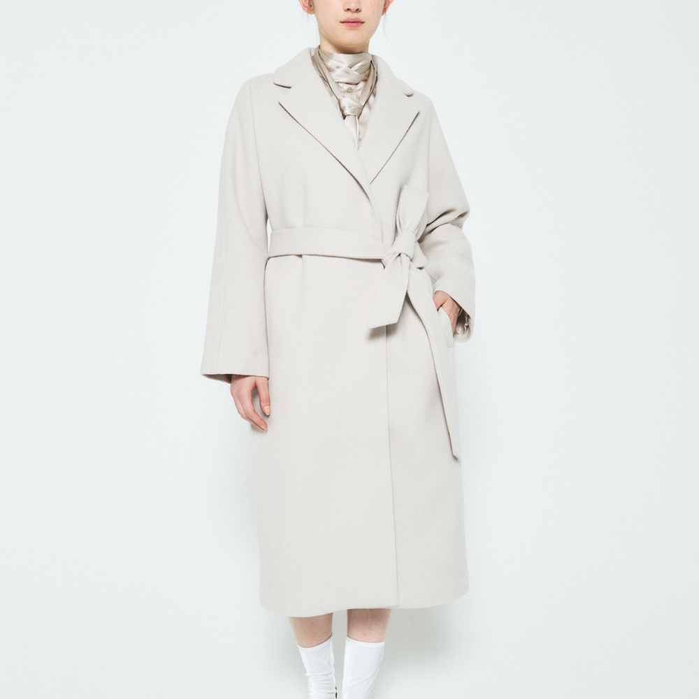 Herringbone Virgin Wool Wrap Coat - Ivory