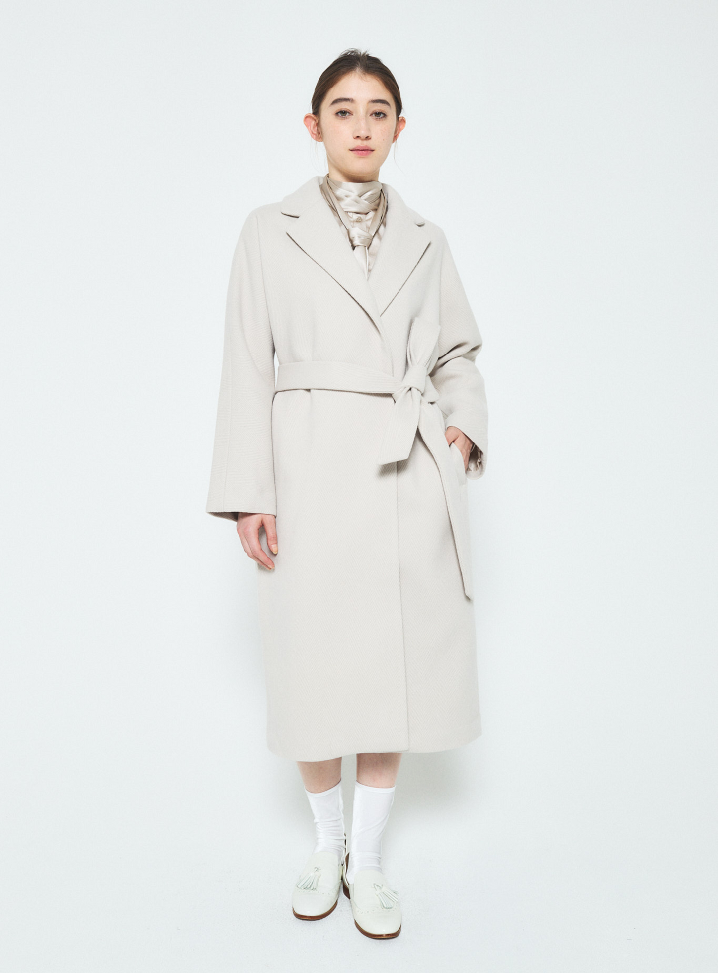 Herringbone Virgin Wool Wrap Coat - Ivory JP
