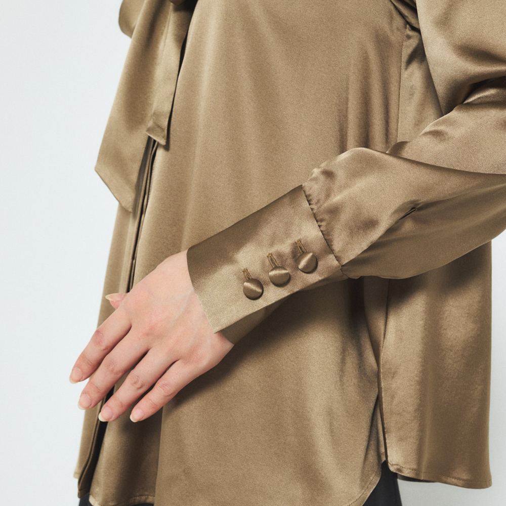 Silk Bow Blouse - Khaki JP