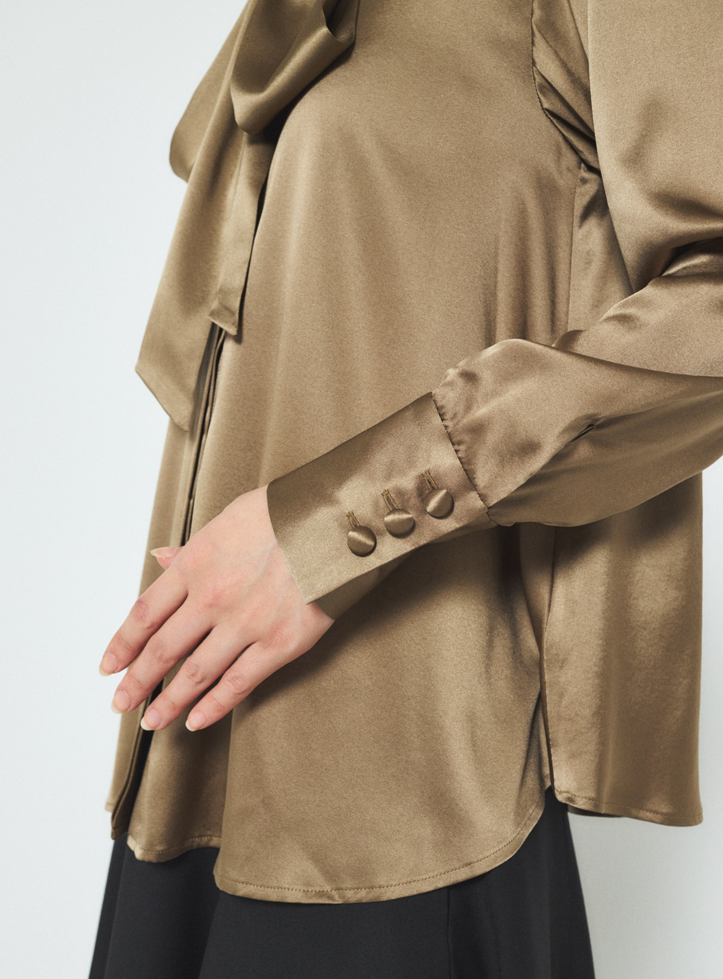Silk Bow Blouse - Khaki JP