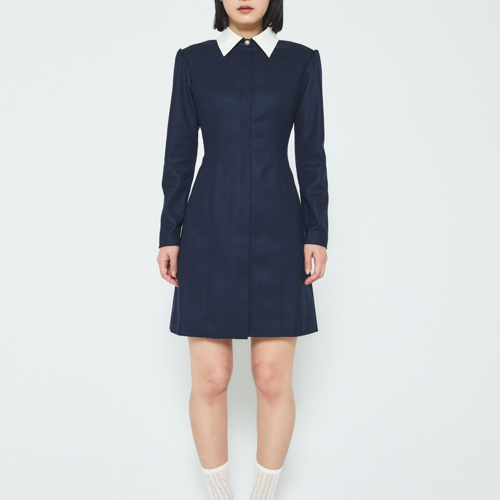 Long Sleeve Wool Shirt Dress - Navy