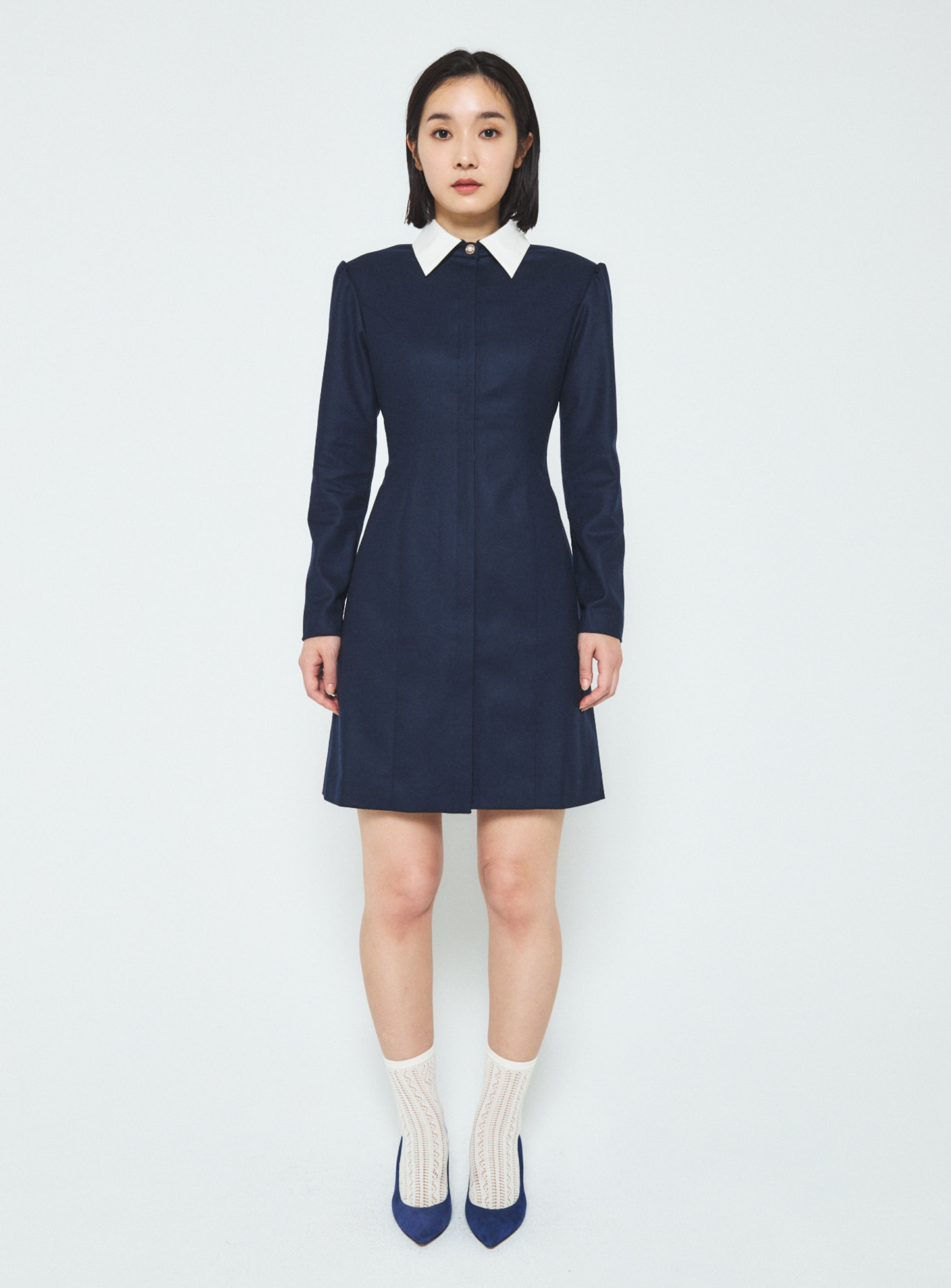 Long Sleeve Wool Shirt Dress - Navy