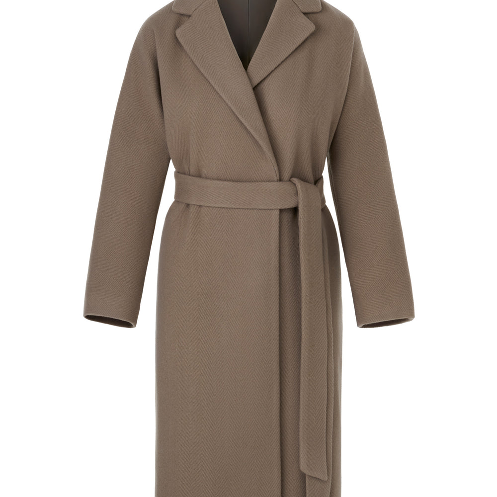 Herringbone Virgin Wool Wrap Coat - Brown