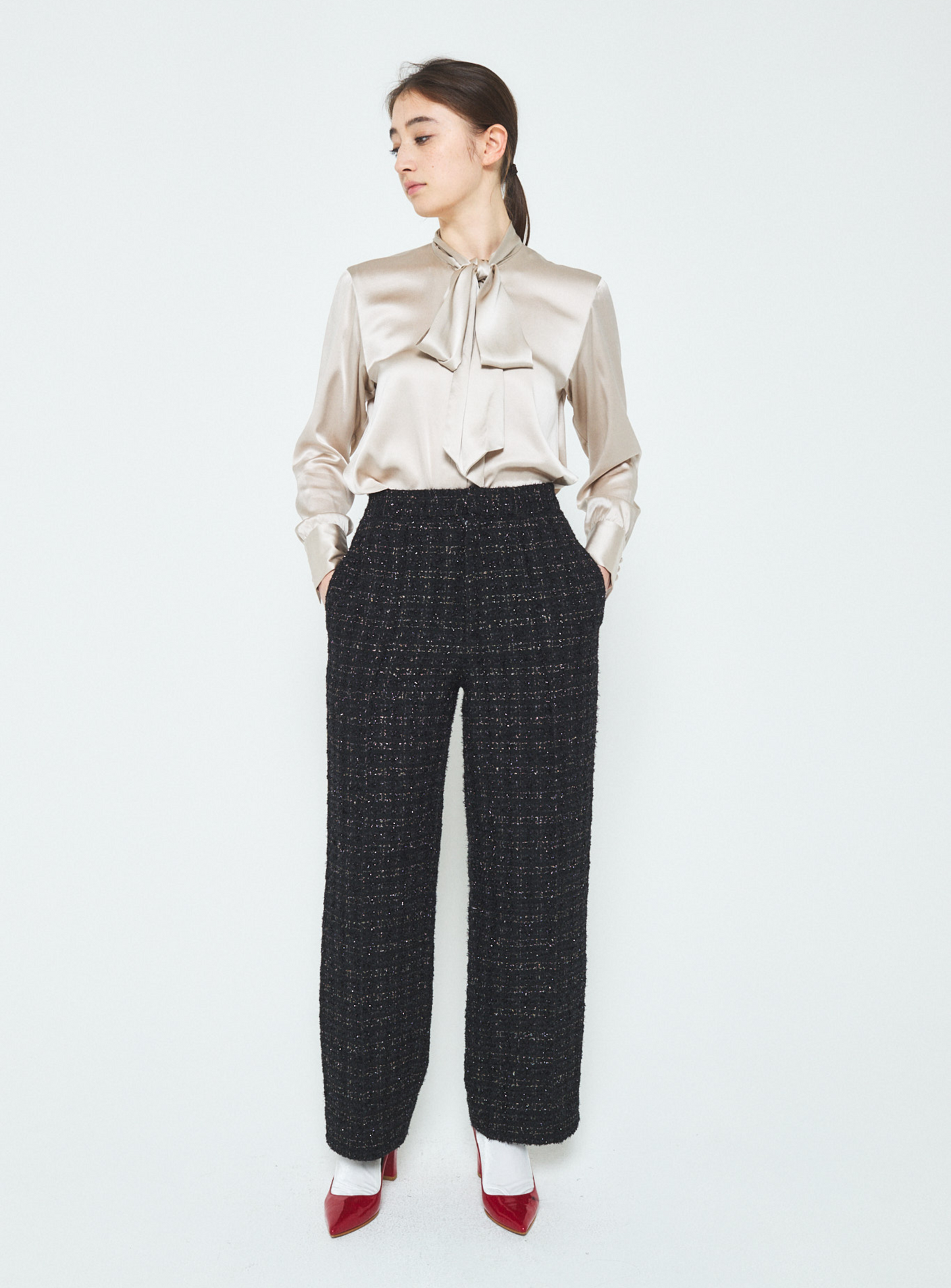 Fancy Tweed Wide Leg Pants with Elastic Waistband