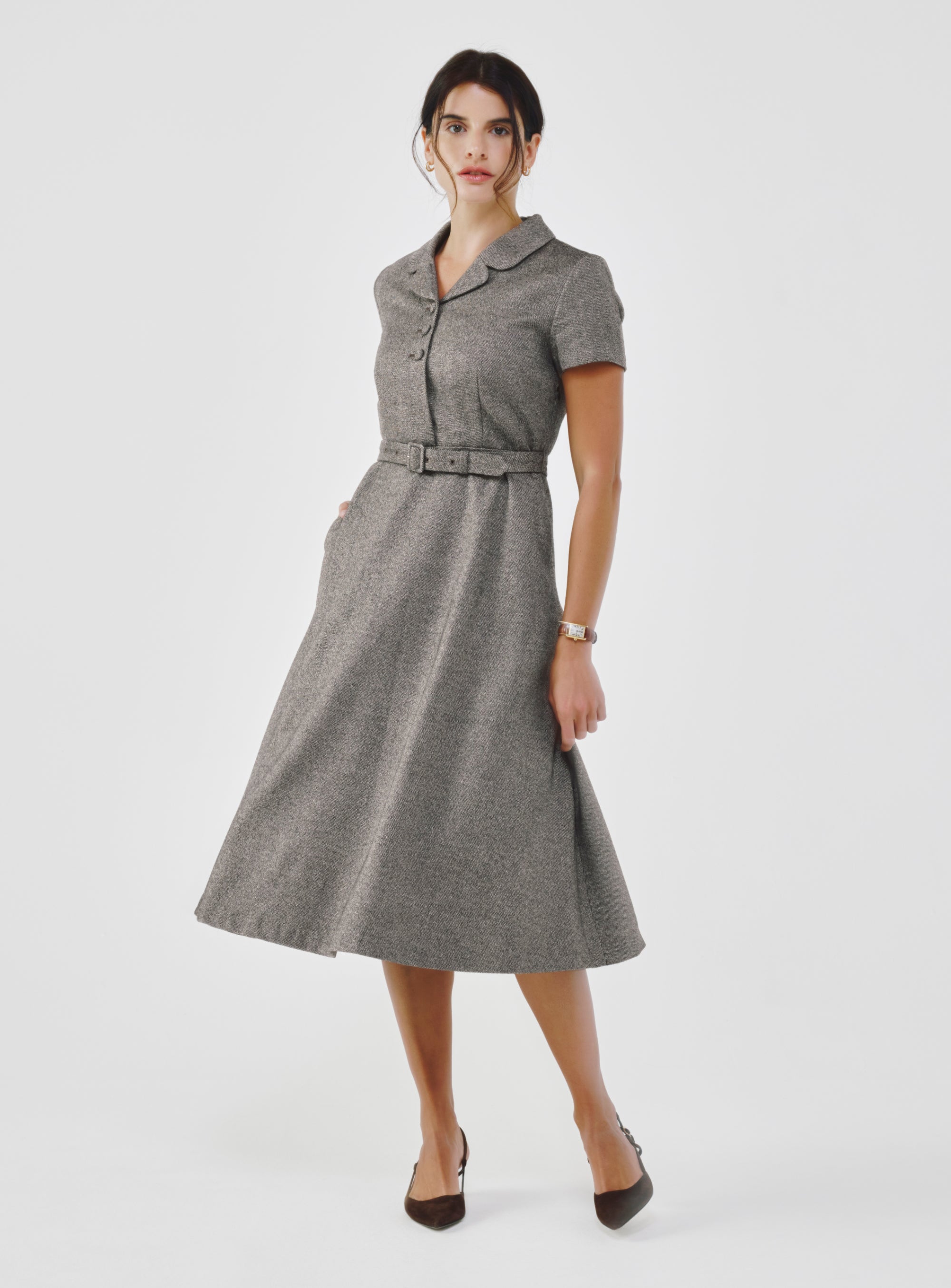 tweed midi dress with sleeves Karen Millen Textured Tweed Tailored Pocket Front Shorts Sleeve Midi Dress in Cream