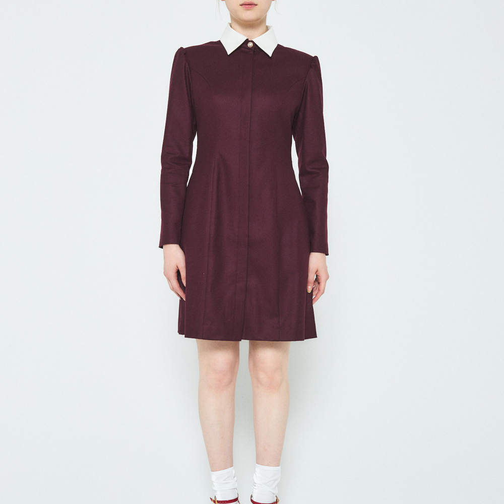 Woman wearing a burgundy dress with a white collar on a white background