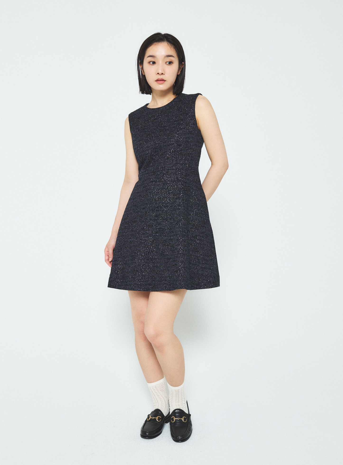 Sleeveless Cotton Tweed Dress - Dark Navy JP